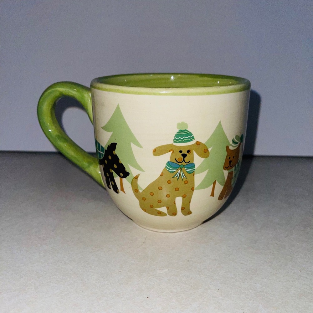 Gibson Everyday Handpainted Dog Holiday Mug Green Cream Ceramic 4in Cup